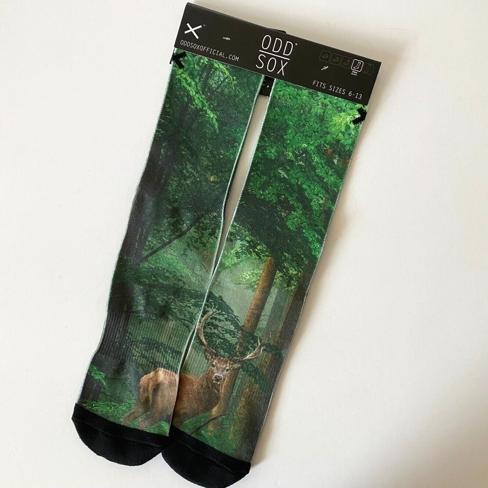 Odd Sox‎ Men's Crew Socks Forest Deer Print Fits Sizes 6-13